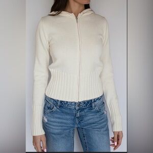 Cream Zip-Front Hooded Ribbed Waist Sweater Cardigan